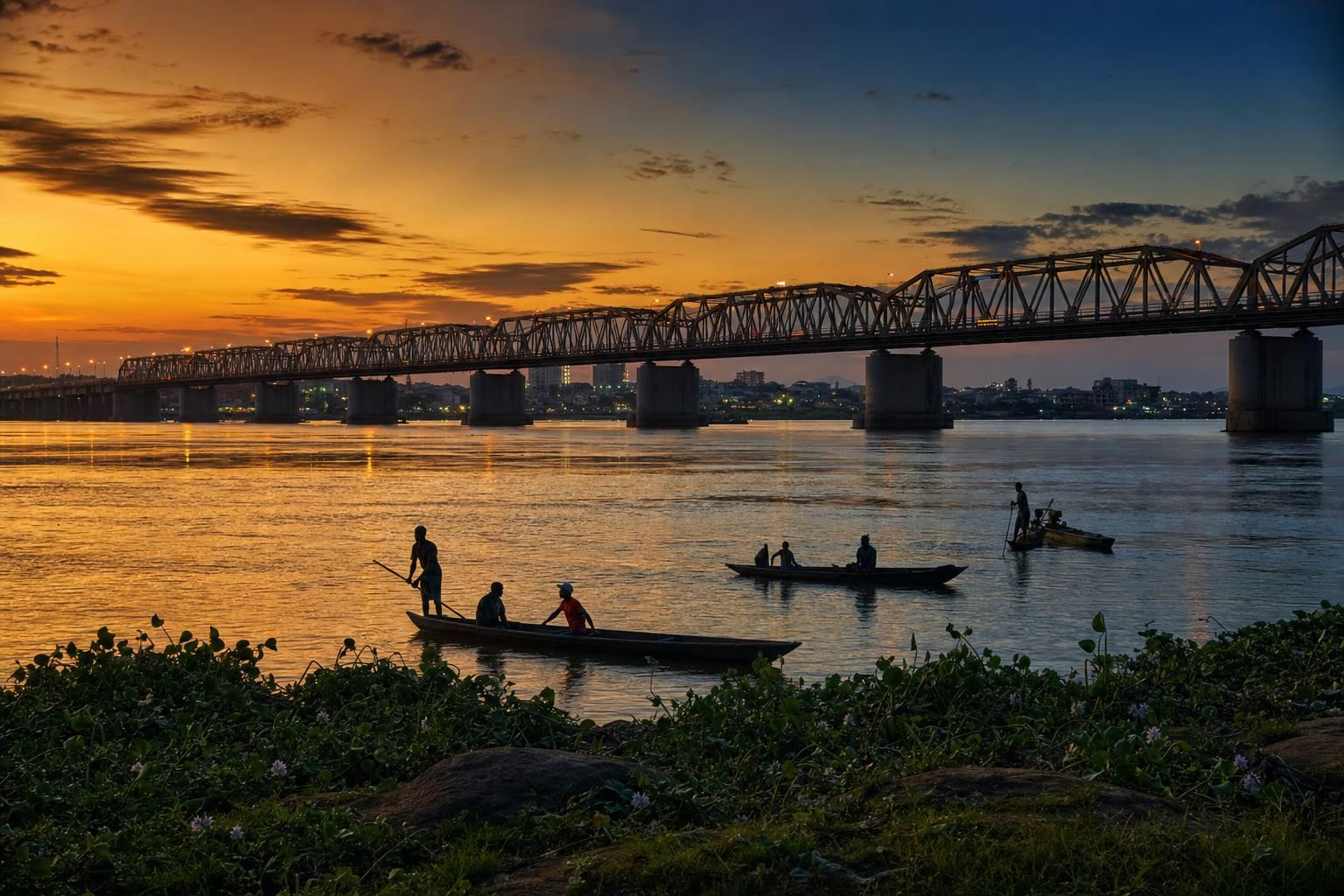 The River Benue at Makurdi at dusk, with fishermen and the Makurdi bridge