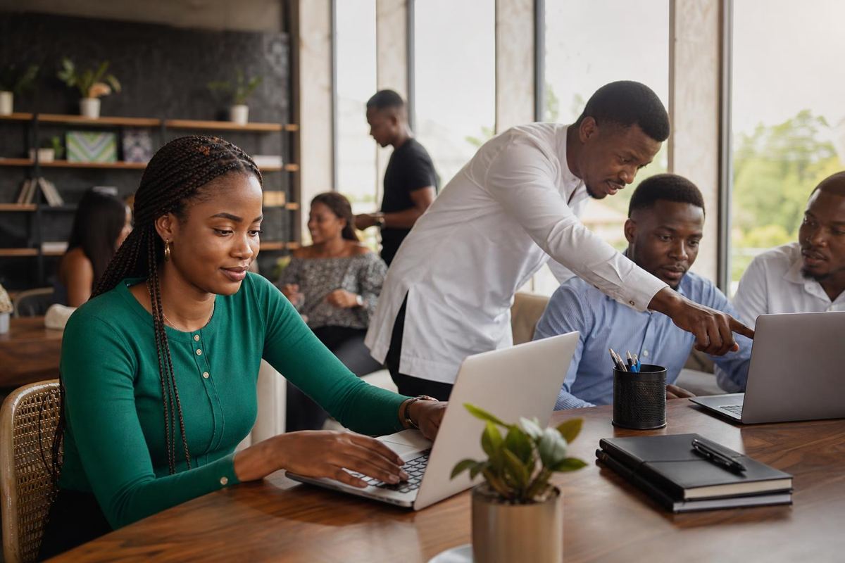 Young professionals collaborating in a Benue skills hub